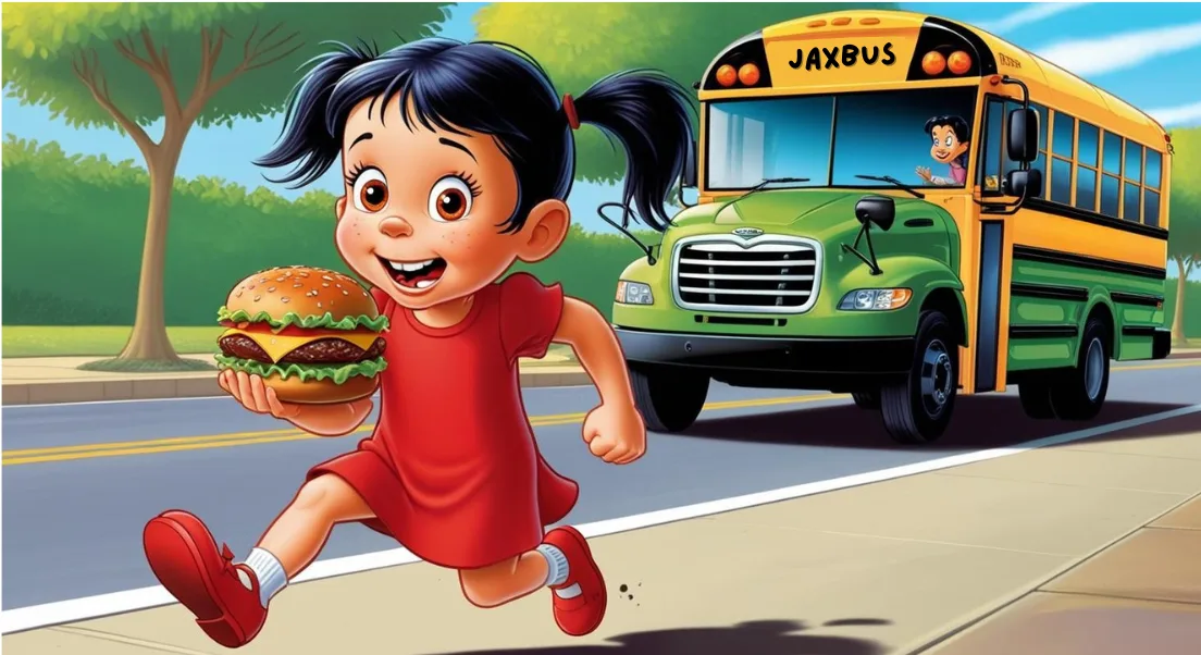 Ilustração: menina corre com um hambúrguer enquanto o ônibus JAXBus chega