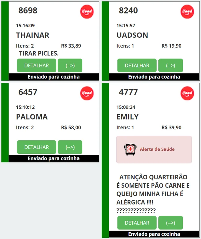 Tela do JAXBus com pedido destacado: Atenção, quarteirão é somente pão, carne e queijo, minha filha é alérgica